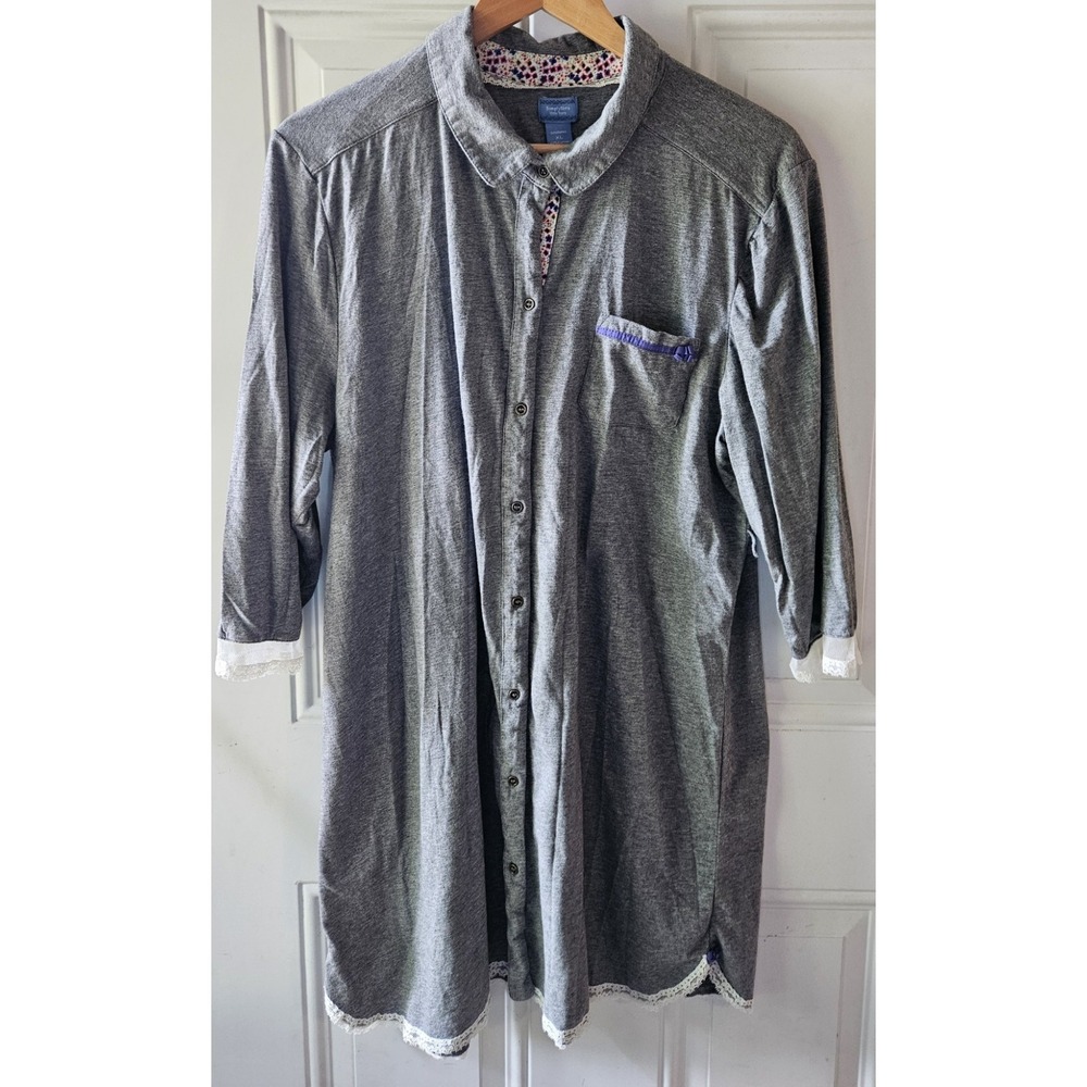 Simply Vera Vera Wang XL Gray Sleep Shirt Nightgown Lace Trim Button Front...